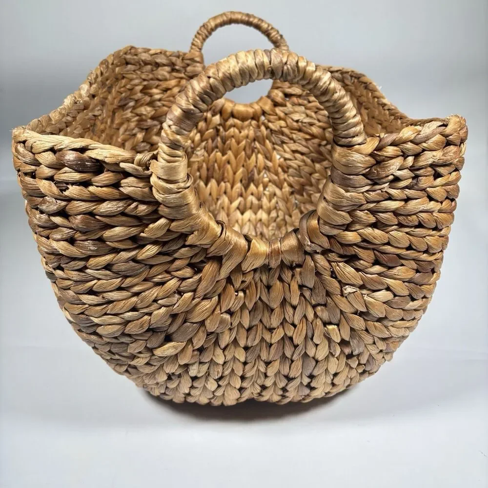 Large Woven Water Hyacinth Storage Basket Handles Scoop Front 17x14x14 Rustic